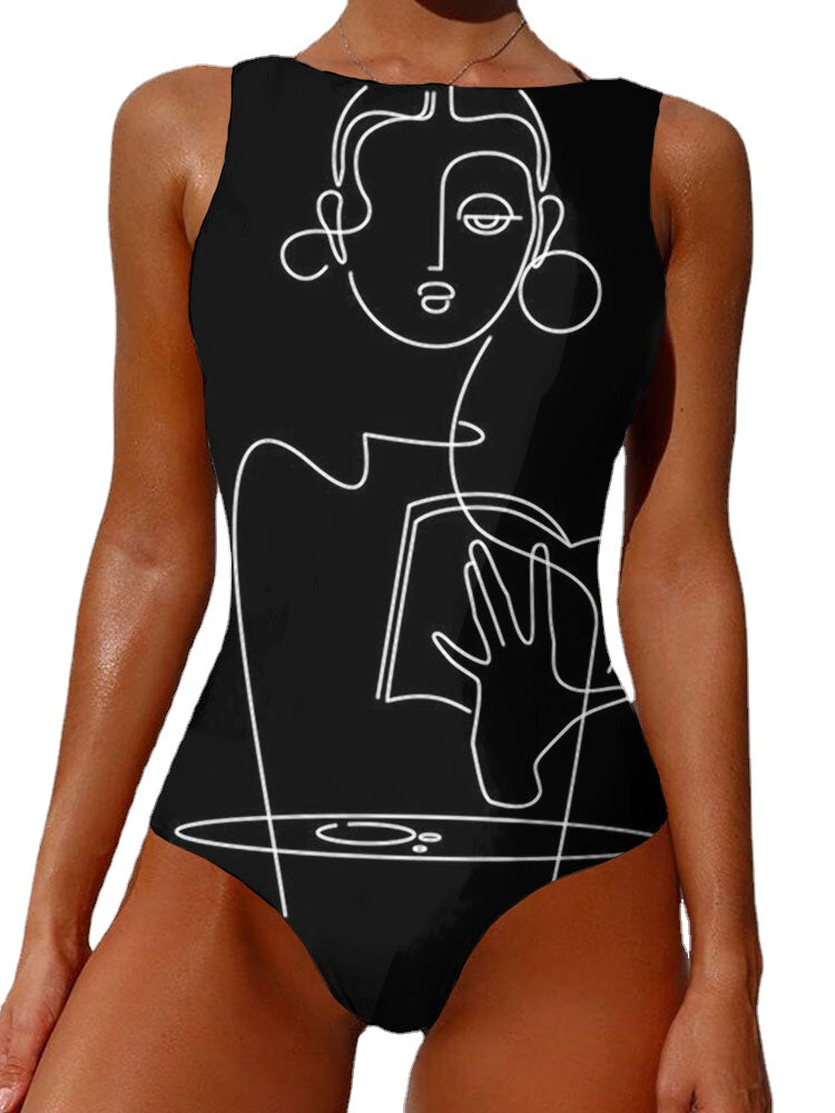 Women Line Drawing Abstract Print High Neck Sleeveless One Piece Slimming Swimsuit