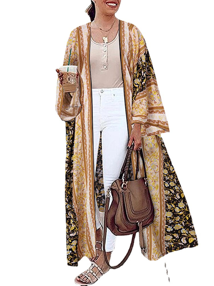 Bohemian Floral Print Loose Open Front Long Sleeve Cardigan