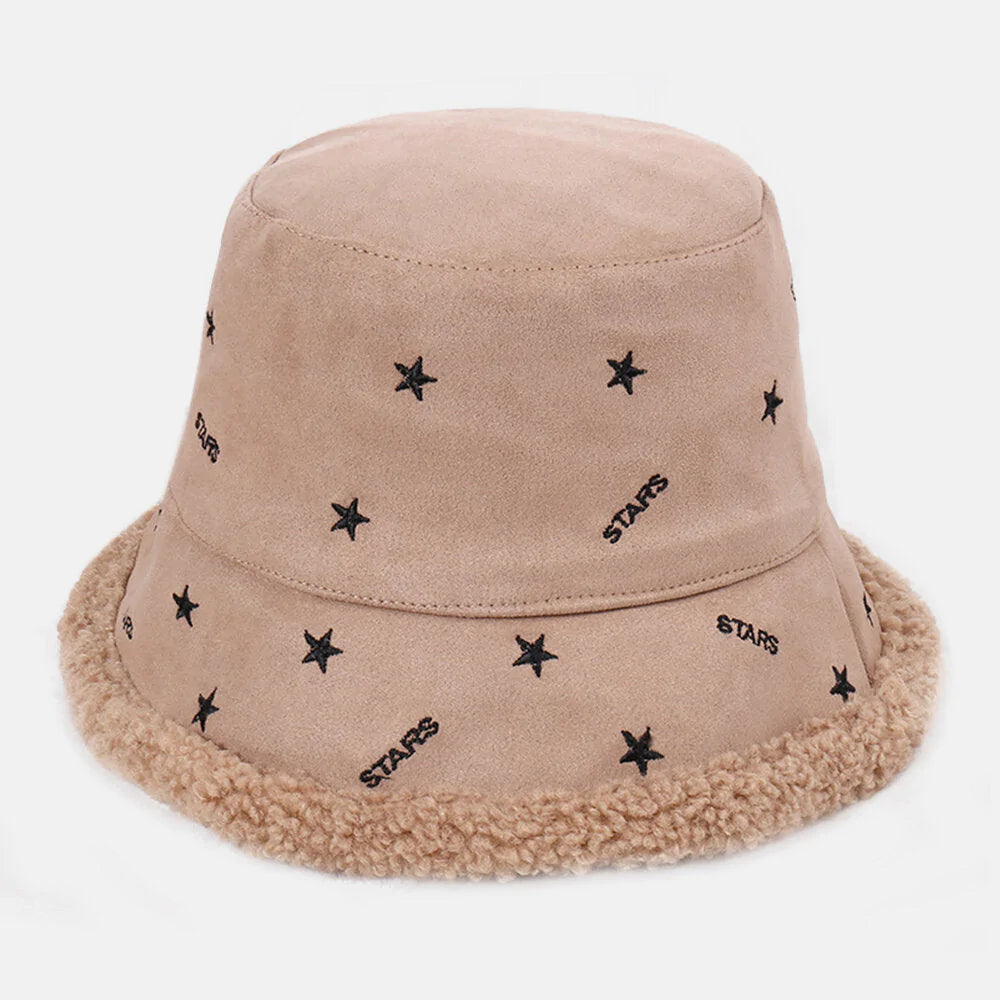 Women Cashmere And Suede Warm Soft Embroidery Stars Outdoor Bucket Hat