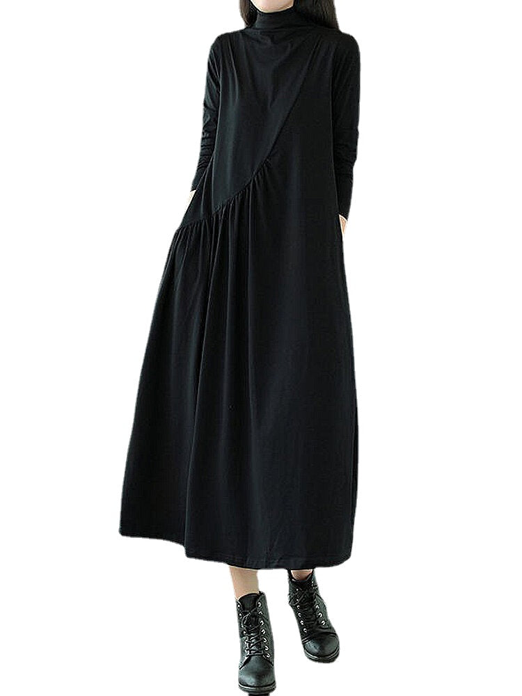 Women Pleated Solid Color Long Sleeve High Neck Casual Dress