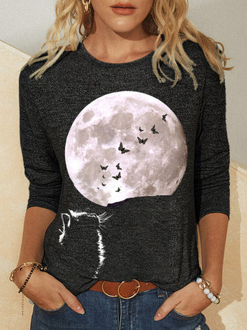 Women Cat Moon Graphic Printed Long Sleeve O-Neck Casual T-shirt