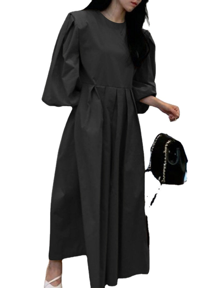 Pleat Solid Puff Sleeve Round Neck Midi Dress