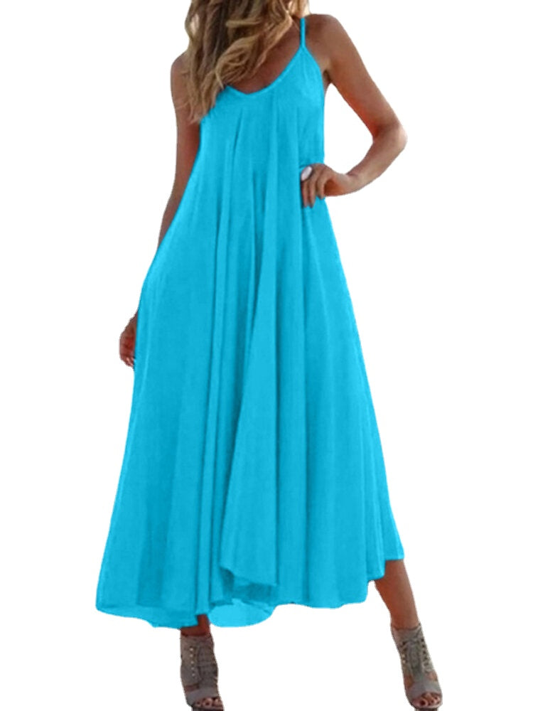 Solid Color Sleeveless Straps Holiday Casual Maxi Dress