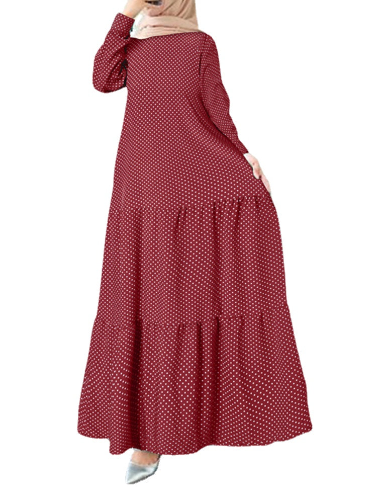 Polka Dot Print Back Button Long Sleeve Bohemia Stitching Maxi Dress