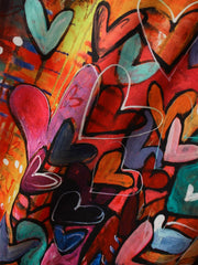 Women Colorful Graffiti Heart Print Long Sleeve Drawstring Hoodie With Kangaroo Pocket