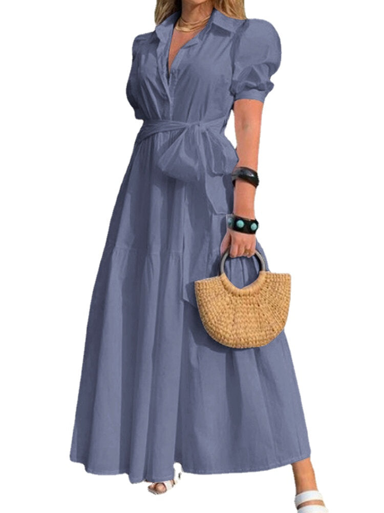 Solid Puff Sleeve Belt Bow Button Lapel Maxi Shirt Dress