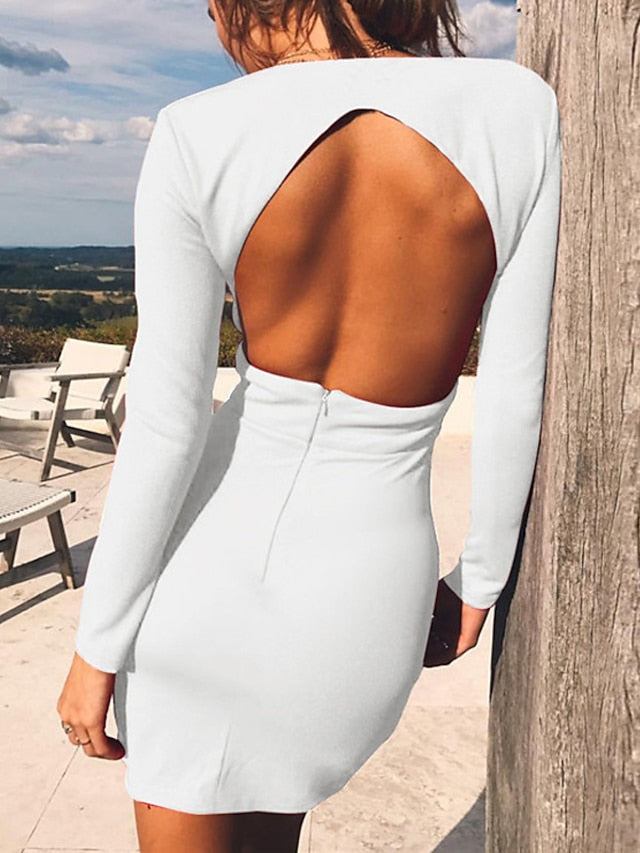 Women's Bodycon Sheath Dress Mini Dress Black White Red Long Sleeve Pure Color Backless Summer Spring Deep V Vacation Winter Dress Fall Dress Slim