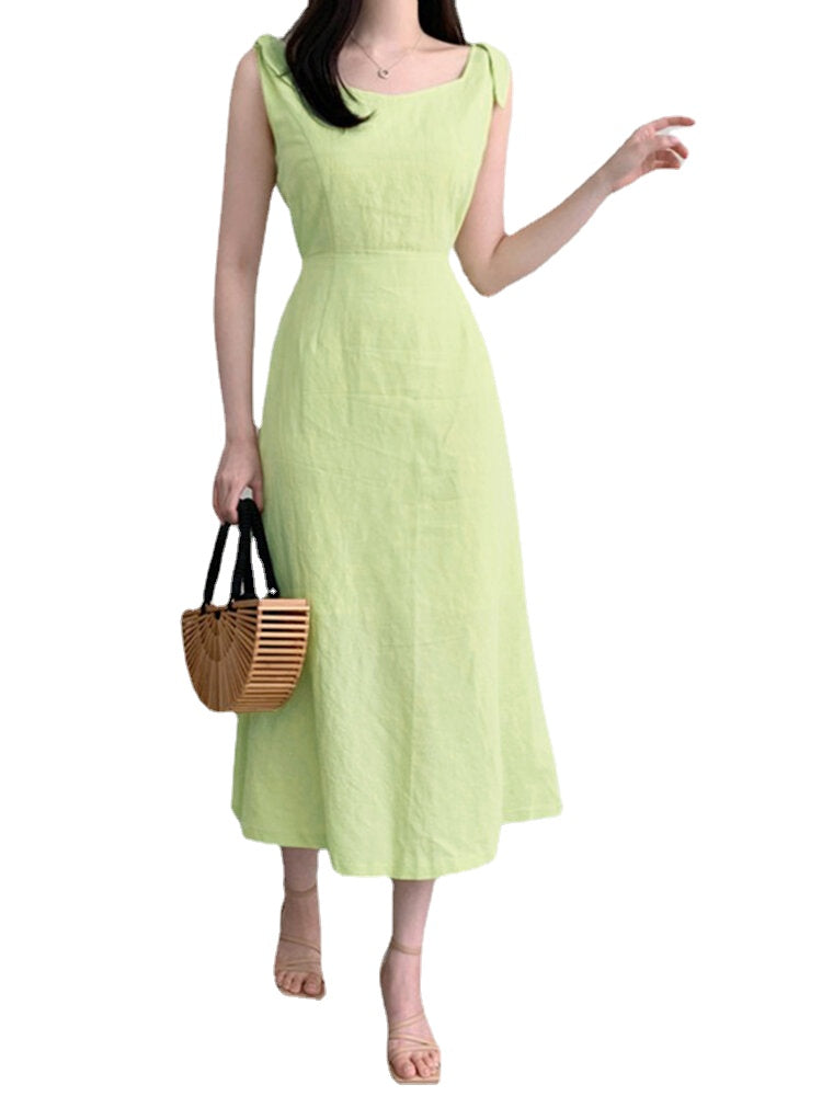 Solid Bowknot Sleeveless Cotton Midi Dress