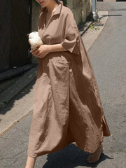 Solid Color Half Sleeve Lapel Loose Cotton Maxi Dress