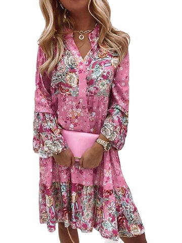 Women‘s Shift Dress Boho Dress Knee Length Dress Pink Long Sleeve Floral Ruffle Smocked Print Summer Spring V Neck Boho Casual Flare Cuff Sleeve Print Dresses