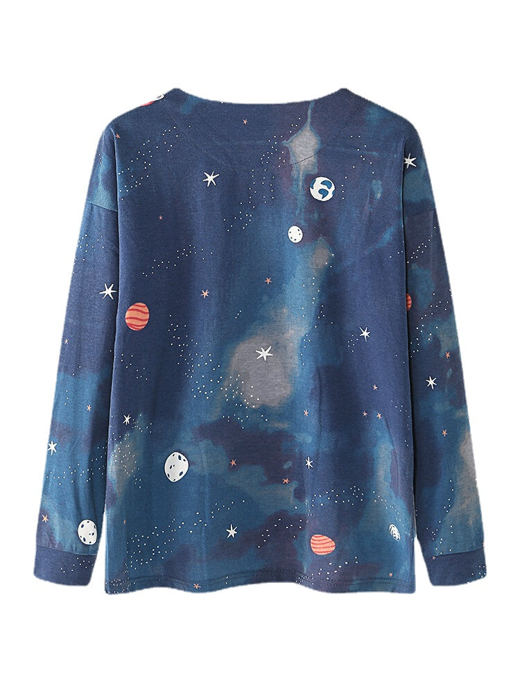 Women Starry Sky Print Cute Pullover Loose Elastic Waist Cartoon Home Pajama Set