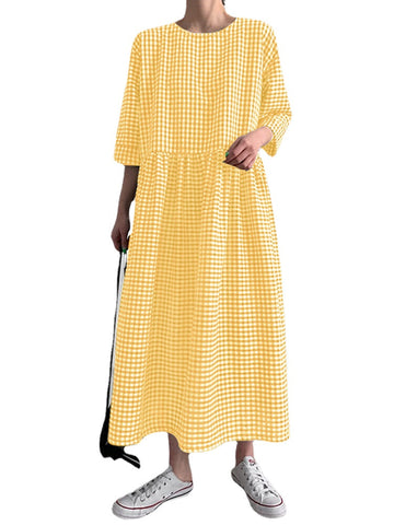 Women Work Wear Commute Mid-Calf Length Grid Printed Midi Dress