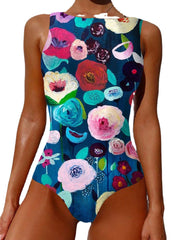 Summer Holiday Abstract Flower Print Sleeveless High Neck Swimsuits