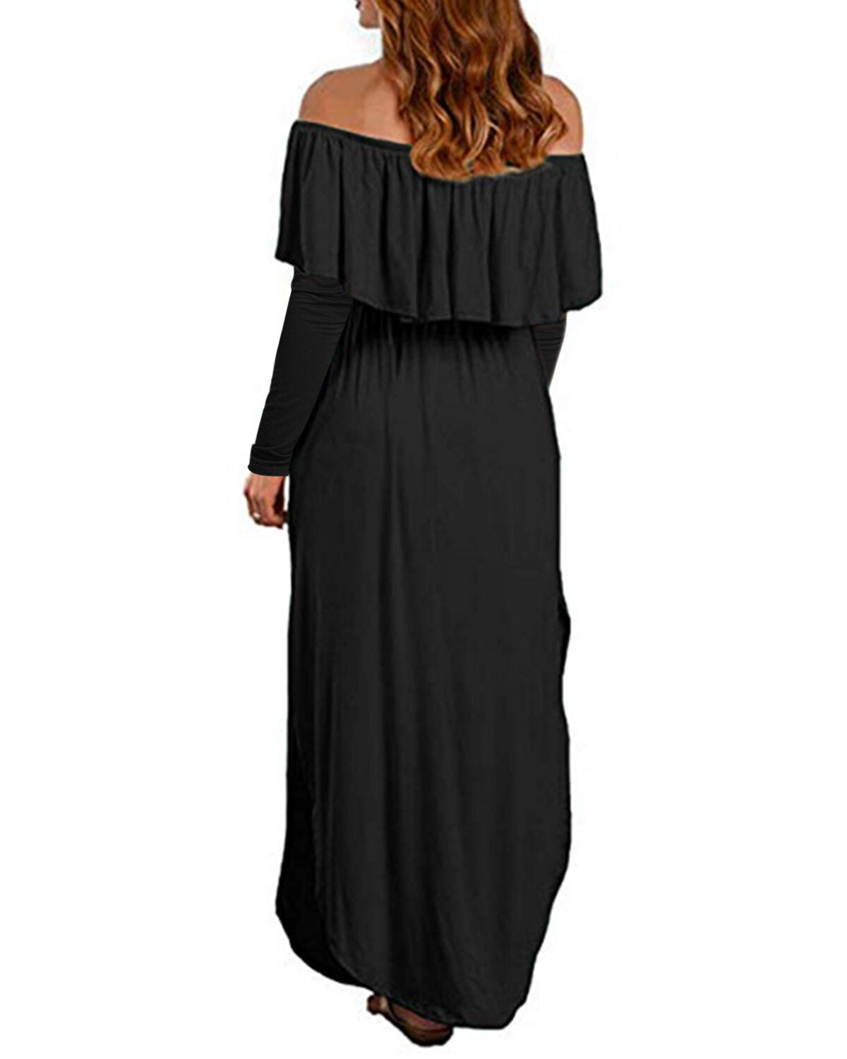 Women Off Shoulder Long Sleeve Side Split Beach Maxi Dress With Pockets