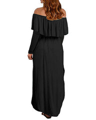 Women Off Shoulder Long Sleeve Side Split Beach Maxi Dress With Pockets