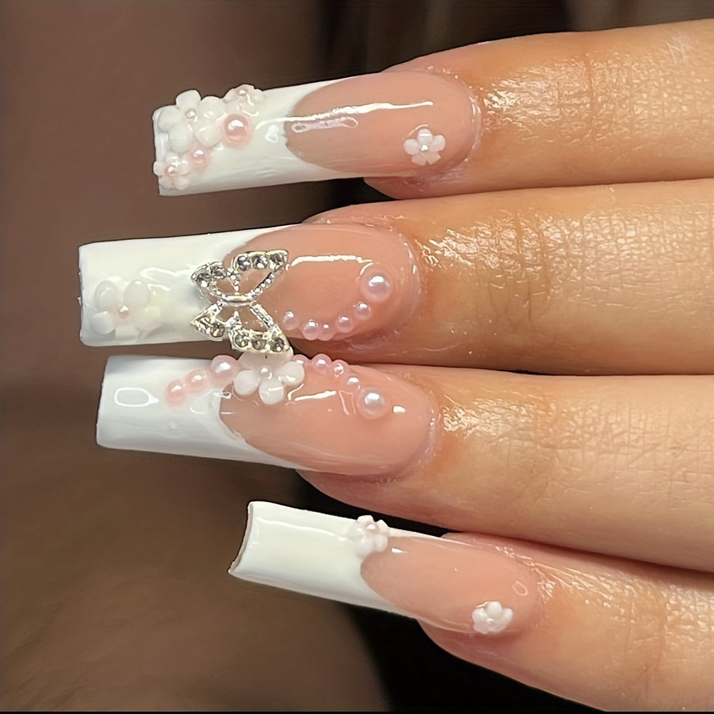 24 Pcs Glossy Long Coffin Press On Nails - Pink & White French Style with 3D Flower, Butterfly, Rhinestone, Glitter