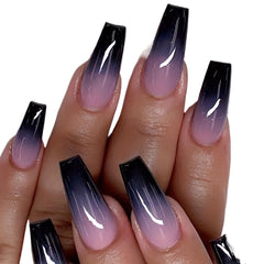 24pcs Black Purple Gradient Coffin Press On Nails, Glossy Full Cover Ballerina False Nails for Women, Halloween