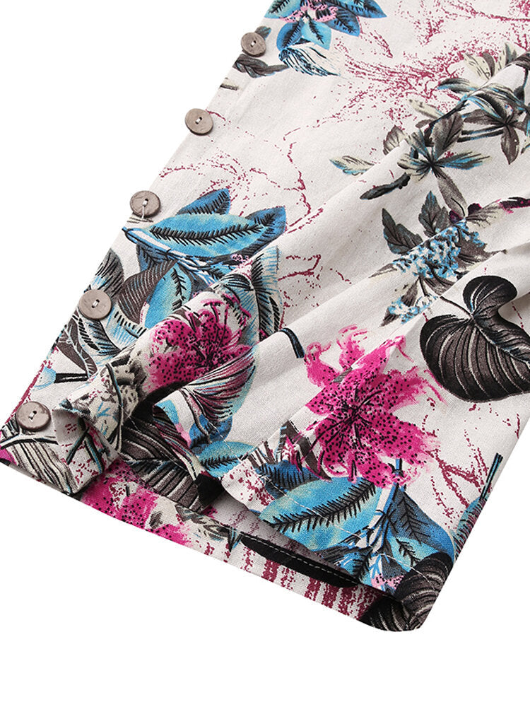 Women Sleeveless Floral Print Button Loose Cotton Vintage Jumpsuits With Side Pocket