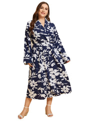 Plus Size Lapel Collar Floral Print Crossed Front Design Dress