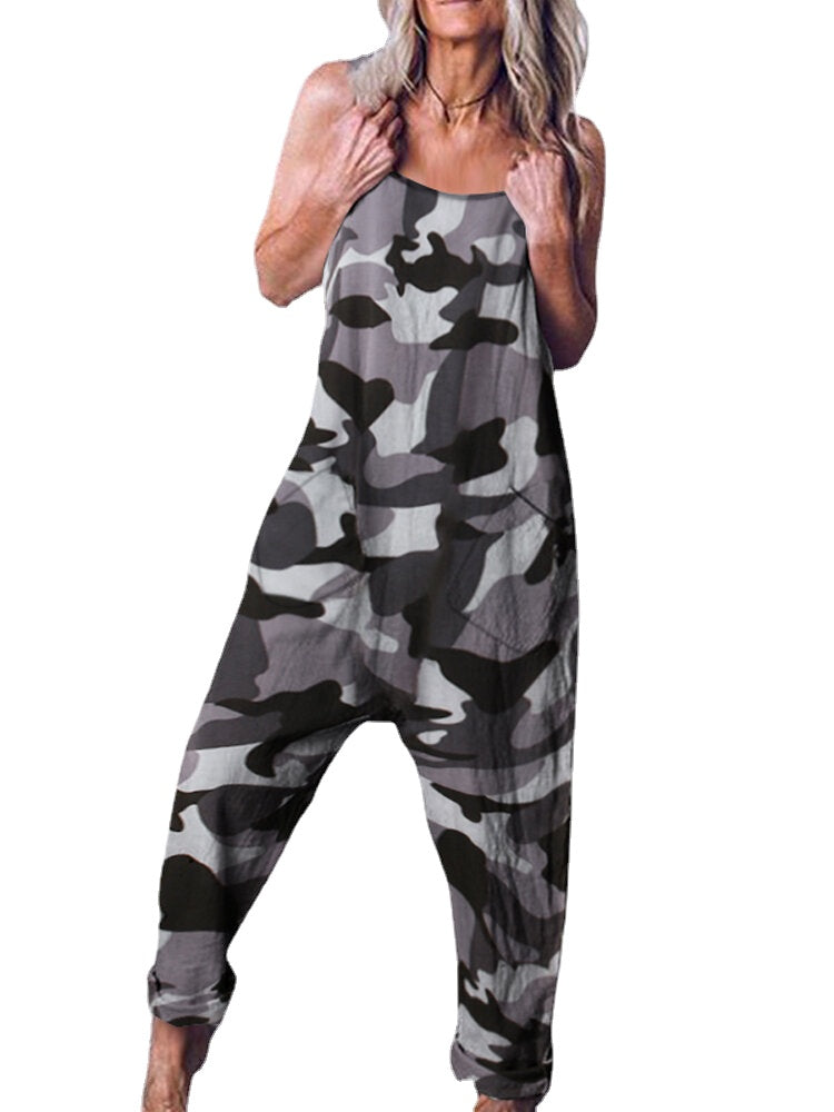 Women Loose Camouflage Print Sleeveless Harem Pants Jumpsuit with Side Pockets