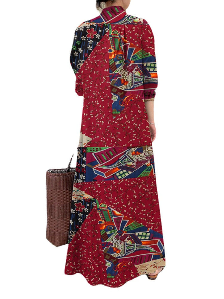 Color Contrast Geometry Print Lapel Collar Split Hem Shirt Dress Long Sleeve Pocket Maxi Dress