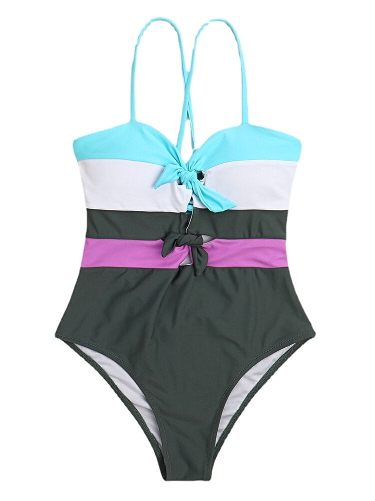 Women Swimwear Color Block Tie Front Tie Back One Piece