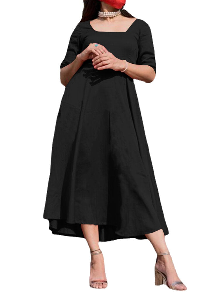 Square Neck Back Zipper Spliced Solid Casual Fitting Dress For Women