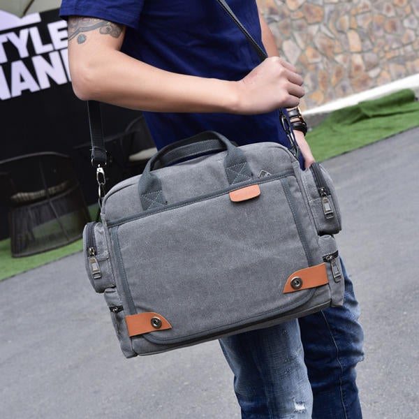 Men Quality Canvas Casual Business Large Capacity Functional Handbag Crossbody Bag