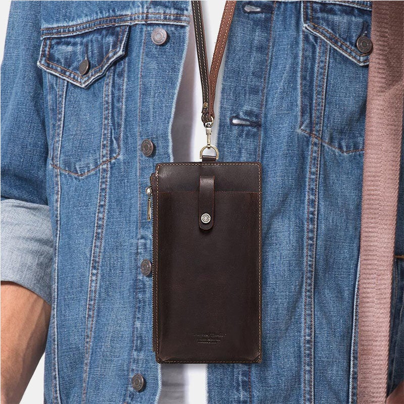 Unisex Genuine Leather Cowhide Zipper Buckle Retro 6.3 Inch Phone Bag Clutch Wallet