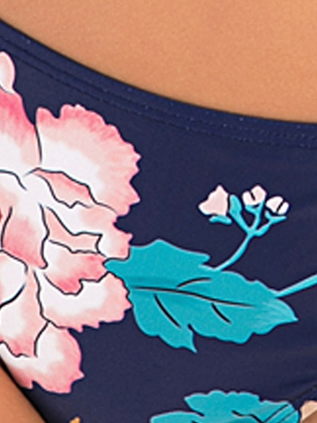 Women's Floral Rash Guard 2-Piece Swimsuit UV Protection Black Scoop Neck Padded Bathing Suit