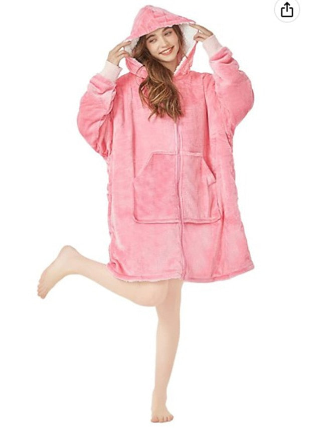 Women's Oversized Plush Fleece Hoodie Nightgown - Warm Winter Pajamas with Pocket, Long Sleeve for Home & Bed