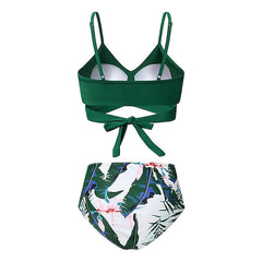 Women's Swimwear Bikini 2 Piece Plus Size Swimsuit Push Up High Waisted for Big Busts Solid Color Leaf Floral figure 1 Figure 5 Dark Green Green Bathing Suits Sexy Active Vacation