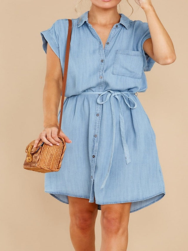 Women's Denim Shirt Dress - Sleeveless Lace-Up Mini Dress for Summer