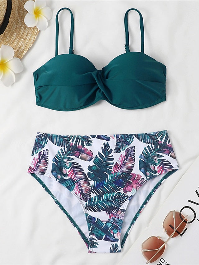 Women's Swimwear Bikini 2 Piece Normal Swimsuit Open Back Printing Floral Leaves Green Black Blue Yellow Royal Blue Strap Bathing Suits Sexy Vacation Fashion / Modern / New / Padded Bras