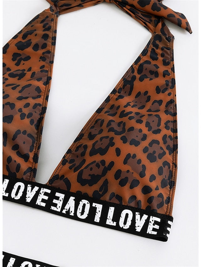 Women's Swimwear Bikini 2 Piece Normal Swimsuit Backless Printing Leopard Letter Brown Halter V Wire Bathing Suits New Vacation Fashion