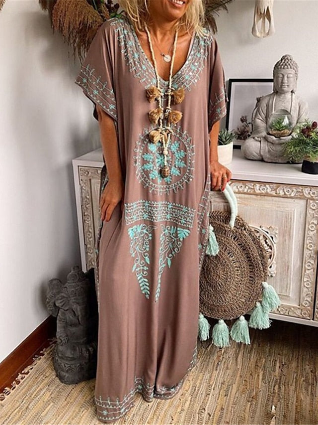 Women's Long Dress Maxi Dress Casual Dress T Shirt Dress Tee Dress Boho Dress Floral Fashion Bohemian Outdoor Daily Vacation Print Short Sleeve V Neck Dress Loose Fit Sky Blue Khaki Gray Spring Summer