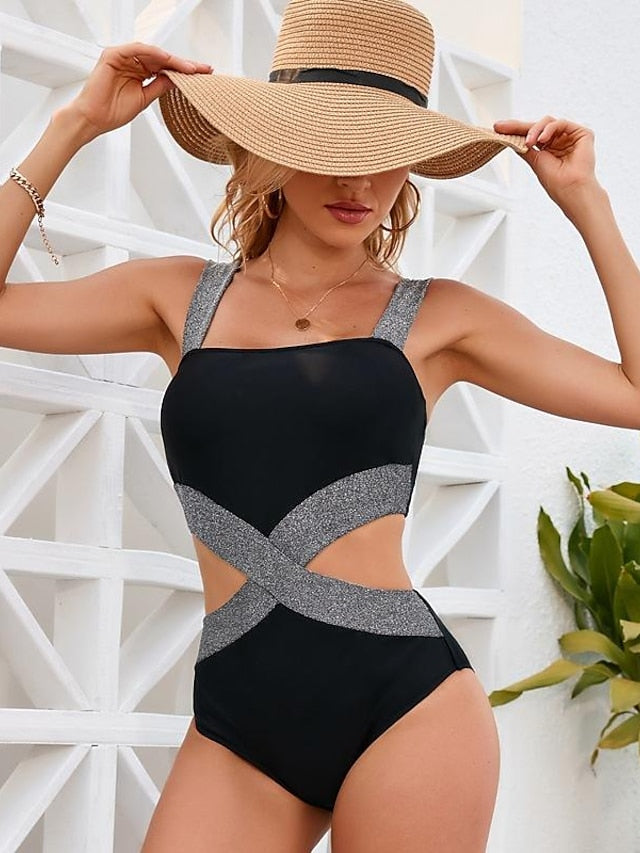 Women's Swimwear One Piece Monokini Normal Swimsuit Cut Out Color Block Black Bodysuit Bathing Suits Sports Beach Wear Summer