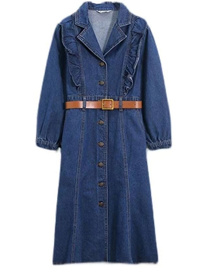 Women's Denim Midi Shirt Dress - Elegant Long Sleeve Ruffle Button for Office & Casual