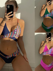 Women's Swimwear Bikini Normal Swimsuit 2 Piece Printing Geometic Navy Blue Dark Green Rose Red Bathing Suits Sports Summer