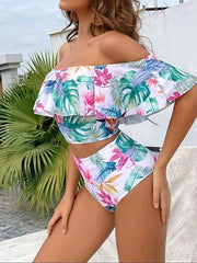 Women's Swimwear Tankini 2 Piece Normal Swimsuit Ruffle 2 Piece Printing Floral Green Off Shoulder Bathing Suits Sports Beach Wear Summer