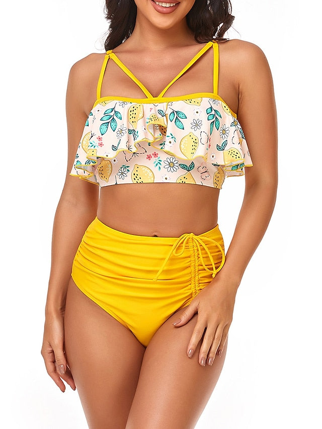 Women's Swimwear Bikini Normal Swimsuit 2 Piece Printing High Waisted Floral Lake blue Yellow Pink Blue Bathing Suits Sports Summer