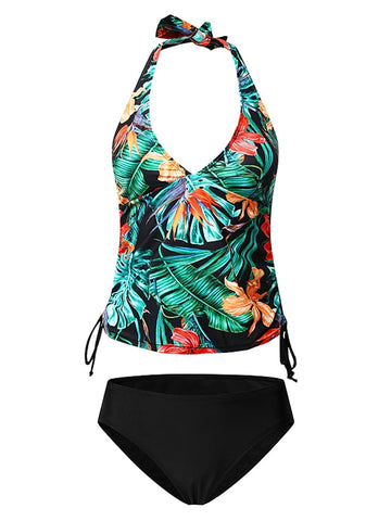 Women's Swimwear Tankini 2 Piece Normal Swimsuit High Waisted Floral Print Leaves Leaf Floral Green Blue Padded V Wire Bathing Suits Sports Vacation Sexy / New