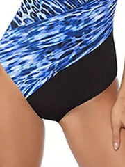 Women's High Waisted Blue Monokini Swimsuit - Padded V Wire, Color Block, Sexy Sports Vacation