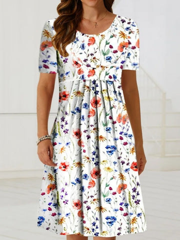 Women's Casual Dress Floral Dress Midi Dress White Short Sleeve Floral Ruched Spring Summer Crew Neck Basic Daily Vacation Weekend Print Dresses