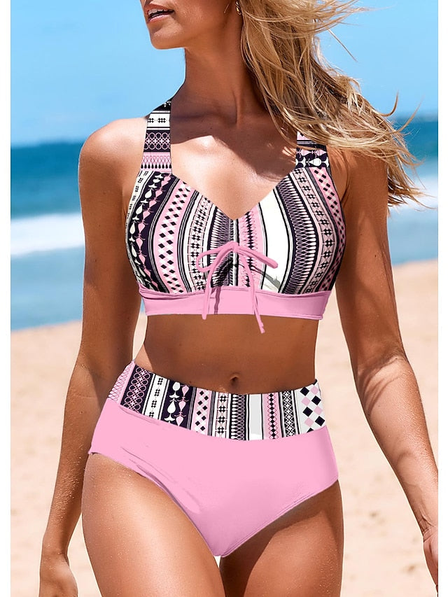 Women's Swimwear Bikini Normal Swimsuit 2 Piece Geometic Pink Bathing Suits Sports Beach Wear Summer