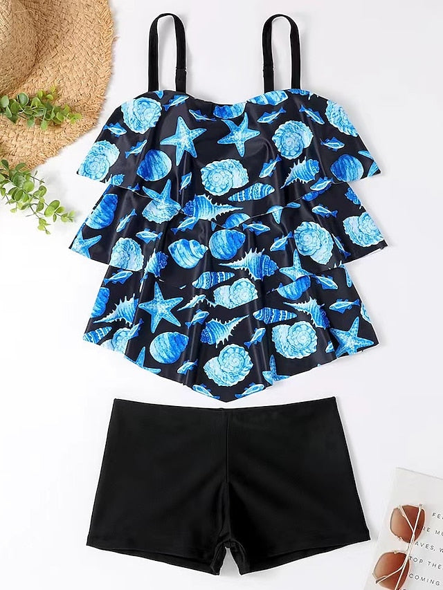 Women's Swimwear Tankini 2 Piece Normal Swimsuit 2 Piece Layered Printing Palm Tree Black White Blue Rainbow Tank Top Bathing Suits Sports Beach Wear Summer