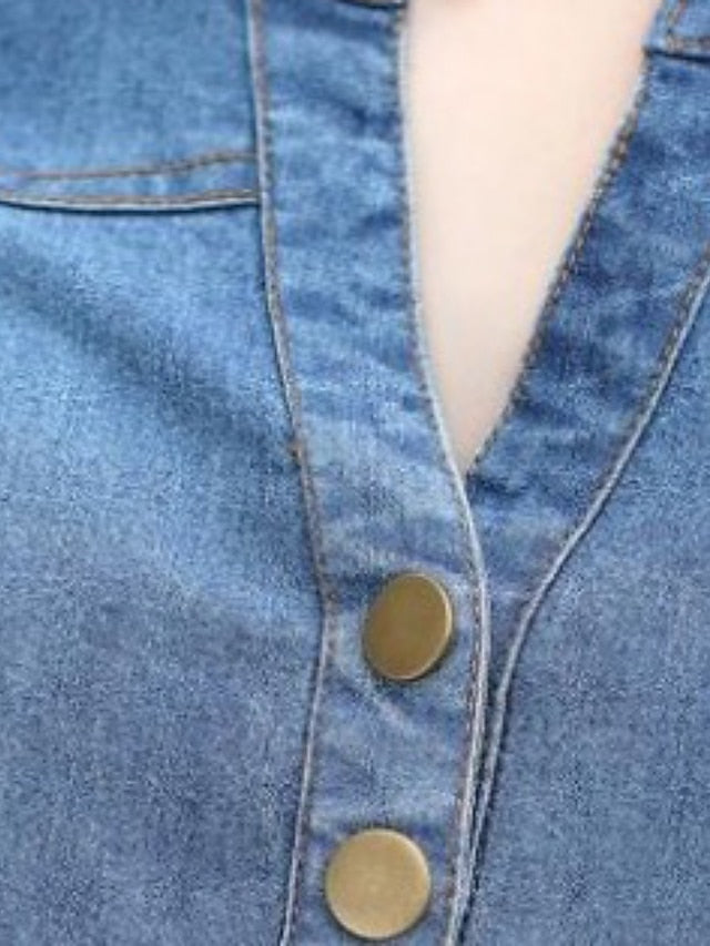 Women's V-Neck Denim Mini Dress with Pockets - Short Sleeve Summer Style