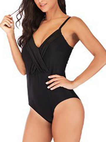 Women's Swimwear One Piece Monokini Plus Size Swimsuit Tummy Control Open Back Basic for Big Busts Solid Color Black Navy Blue Strap Bathing Suits New Vacation Fashion / Modern / Padded Bras