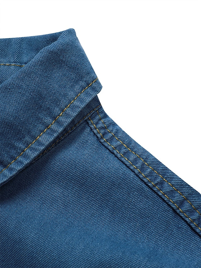 Women's Cotton Denim Maxi Dress - Casual Short Sleeve with Pockets & Button Detail