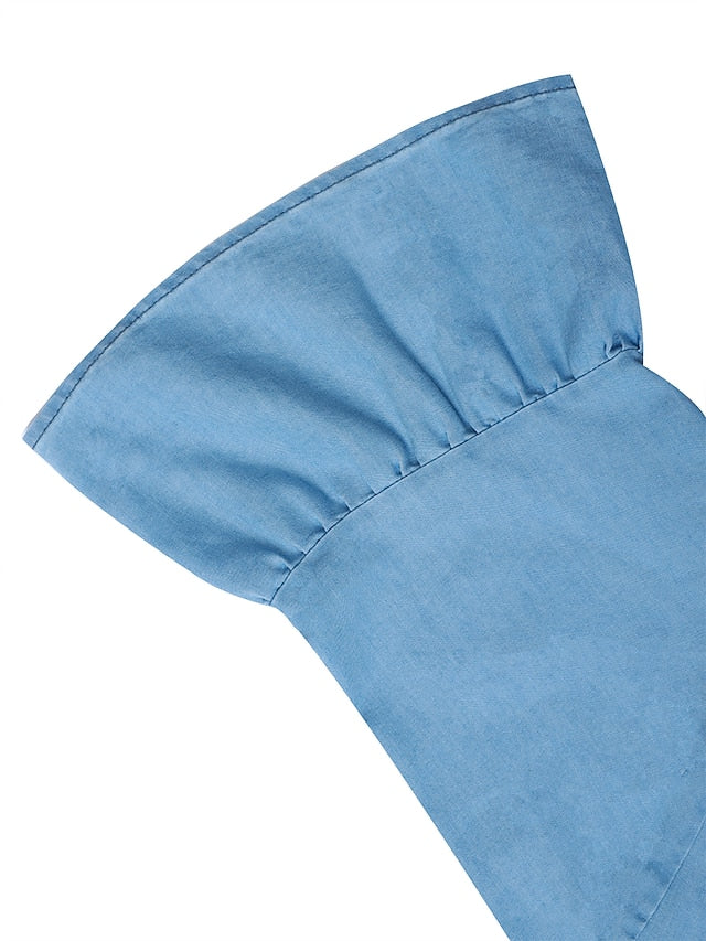 Women's Denim Midi Shirt Dress - V Neck, Half Sleeve, Casual for Summer